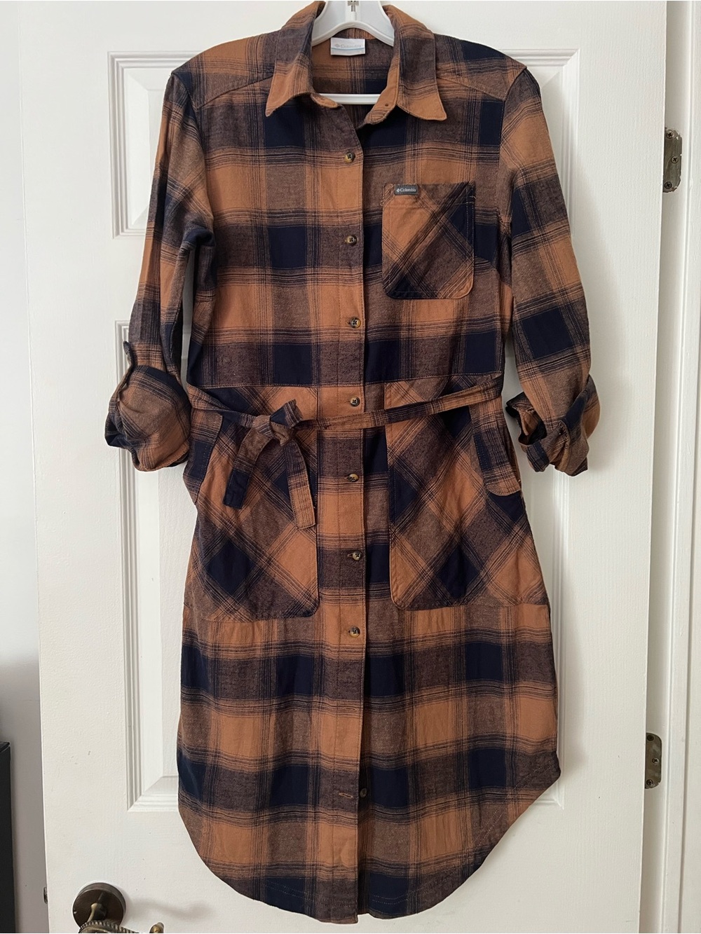 Columbia Plaid Flannel Shirt Dress with Tie Belt - Size S